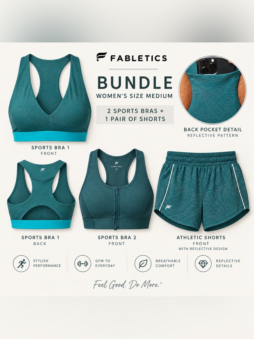 Fabletics 3 piece medium Teal/ slate Sports Bras & Shorts Bundle